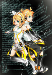 Rule 34 | 1boy, 1girl, aqua eyes, arm warmers, back-to-back, blonde hair, brother and sister, detached sleeves, hair ornament, hair ribbon, hairclip, headphones, kagamine len, kagamine len (append), kagamine rin, kagamine rin (append), leg warmers, m-mo, navel, ribbon, short hair, shorts, siblings, twins, vocaloid, vocaloid append, wall of text