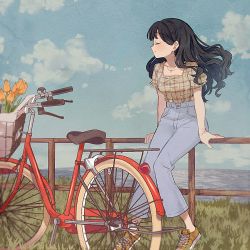 Rule 34 | 1girl, absurdres, bicycle, blonde hair, closed eyes, fence, flower, highres, solo, tulip, water, yuki sakura