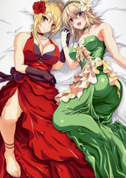 Rule 34 | 2girls, angelica rapha redgrave, bare shoulders, barefoot, black gloves, blonde hair, blue eyes, blush, breasts, cleavage, dress, flower, furrowed brow, gloves, green dress, green hairband, hair between eyes, hair bun, hair flower, hair ornament, hairband, highres, holding hands, jewelry, large breasts, looking at viewer, multiple girls, necklace, nolia, olivia (mobseka), open mouth, otome game sekai wa mob ni kibishii sekai desu, pearl necklace, red dress, red eyes, rose, short hair with long locks, single hair bun, smile, yellow gloves