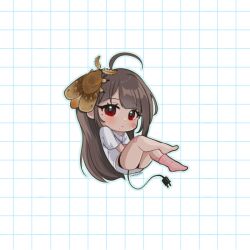 Rule 34 | 1girl, :&lt;, ahoge, animal, animal on head, bandaid, bandaid on cheek, bandaid on face, bandaid on knee, bandaid on leg, bare legs, barefoot, black panties, blush, brown hair, bug, cable, cable tail, chibi, closed mouth, electric plug, from side, full body, grid background, insect, long hair, looking at viewer, looking to the side, mechanical tail, mole, mole under eye, moth, no pants, on head, original, outline, panties, pink socks, red eyes, shirt, short sleeves, single sock, socks, solo, straight hair, t-shirt, tail, underwear, vickie (cryingrobot), vickie (cryingrobot) (character), white background, white shirt