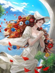 Rule 34 | 1girl, absurdres, breasts, brown eyes, brown hair, bush, choker, cloud, cloudy sky, dress, earrings, flower, freckles, haseonyeon, highres, holding, holding flower, jewelry, korean commentary, long hair, maximilian calypse, medium breasts, parted lips, petals, puffy sleeves, red flower, red rose, rose, sky, solo, under the oak tree, white dress, white headwear, wind