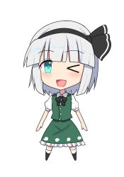 Rule 34 | 1girl, black bow, black bowtie, black footwear, black hairband, black ribbon, blue eyes, blush, bow, bowtie, buttons, chibi, collared shirt, commentary request, e.o., frills, full body, ghost print, green skirt, green vest, grey hair, hair between eyes, hairband, highres, hitodama, konpaku youmu, looking at viewer, one eye closed, open mouth, puffy short sleeves, puffy sleeves, ribbon, shirt, shoes, short hair, short sleeves, simple background, skirt, skirt set, smile, socks, solo, standing, tongue, touhou, vest, white background, white shirt, white socks
