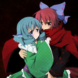 Rule 34 | 2girls, arm around back, black background, blue eyes, blue hair, blush, bow, cape, covering own mouth, fins, hair bow, hand on another&#039;s shoulder, head fins, hyoumamyon, japanese clothes, kimono, long sleeves, looking at viewer, multiple girls, obi, red eyes, red hair, sash, sekibanki, short hair, simple background, smile, touhou, tsurime, wakasagihime, wide sleeves, yuri