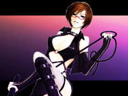 Rule 34 | 1girl, bad id, bad pixiv id, bdsm, bespectacled, black eyes, black thighhighs, boots, breasts, brown hair, cleavage, collar, dominatrix, elbow gloves, fishnet thighhighs, fishnets, glasses, gloves, large breasts, leather, meiko (vocaloid), seitsuji, setsuji, short hair, solo, spiked collar, spikes, thighhighs, vocaloid, whip