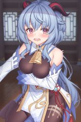 Rule 34 | 1girl, ahoge, bare shoulders, bell, blue hair, blush, bodystocking, bodysuit, breast hold, breasts, brown bodysuit, chinese knot, cowbell, cowboy shot, curled horns, detached sleeves, embarrassed, flower knot, ganyu (genshin impact), genshin impact, goat horns, gold trim, hair between eyes, highres, horns, impossible bodysuit, impossible clothes, indoors, large breasts, long hair, looking at viewer, low ponytail, multicolored eyes, neck bell, on floor, open mouth, purple eyes, sidelocks, solo, tassel, vision (genshin impact), wavy mouth, white sleeves, yue zi