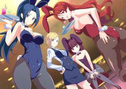 4girls, animal ears, ass, asymmetrical bangs, back, bangs, bar, black legwear, blonde hair, blue eyes, blue hair, blue leotard, blue neckwear, blue vest, blunt bangs, blunt ends, bob cut, breasts, bunny ears, bunny tail, closed mouth, cocktail, cocktail glass, collar, commentary, covered navel, cup, detached collar, dress shirt, drinking glass, dutch angle, eyebrows visible through hair, fake animal ears, fake tail, fishnet legwear, fishnets, formal, from behind, frown, grey legwear, hand on hip, hand on own ass, higashiyama akisa, holding, holding tray, indoors, knees together feet apart, large breasts, leotard, long hair, long sleeves, looking at viewer, looking back, magicami, medium breasts, medium hair, moroheiya (moroheiya-works), multiple girls, ohtori aka, ohtori ao, open mouth, pantyhose, pencil skirt, playboy bunny, ponytail, purple eyes, purple hair, purple leotard, purple neckwear, red eyes, red hair, red leotard, red neckwear, shirt, short hair, sidelocks, skirt, skirt suit, small breasts, smile, standing, stool, strapless, strapless leotard, suit, tail, tray, vest, white collar, white shirt, wrist cuffs, yellow neckwear, yukifune eriza
