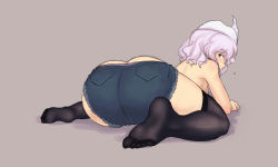 Rule 34 | 1girl, all fours, ass, brown background, denim, denim shorts, feet, female focus, highres, huge ass, kuro suto sukii, letty whiterock, looking at viewer, looking back, pink hair, purple eyes, short hair, shorts, simple background, sitting, solo, thighhighs, topless, touhou, wariza