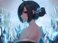Rule 34 | 1girl, ahoge, back, bare shoulders, black hair, commentary, crystal, english commentary, from behind, hair between eyes, hair bun, hair ornament, highres, ice, light particles, looking at viewer, looking back, medium hair, nape, off shoulder, original, parted lips, portrait, profile, red eyes, sidelocks, single hair bun, snowflake hair ornament, solo, symbol-only commentary, zain (jiha3905)