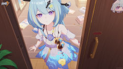 Rule 34 | 1girl, bare shoulders, blue hair, door, dress, griseo, griseo (starry impression), hat, highres, honkai (series), honkai impact 3rd, indoors, long hair, looking at viewer, official art, parted lips, purple eyes, solo, sundress, twintails, white dress, wooden floor