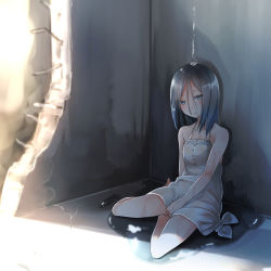 Rule 34 | 1girl, barefoot, between legs, black hair, blue eyes, breasts, closed mouth, comah, dress, frown, halterneck, hand between legs, looking at viewer, original, puddle, ruins, shade, sitting, small breasts, solo, sundress, tied dress, water, wet, white dress, yokozuwari