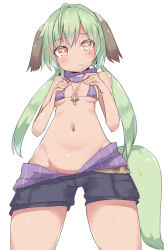 Rule 34 | 1girl, ahoge, animal ears, bikini, bikini top only, blush, borrowed character, breasts, character request, closed mouth, dark-skinned female, dark skin, dog ears, dog tail, female focus, from below, green hair, hair between eyes, jewelry, long hair, looking at viewer, looking down, navel, necklace, scarf, shiny skin, shorts, silver bell, simple background, small breasts, solo, standing, striped, swimsuit, tail, vertical stripes, white background
