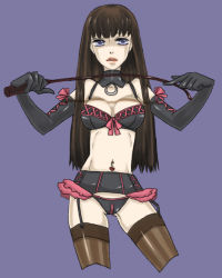 Rule 34 | 1girl, bad id, bad pixiv id, blue eyes, bra, brown hair, dominatrix, elbow gloves, garter belt, gloves, holding, holding riding crop, lingerie, long hair, mksm, panties, riding crop, solo, thighhighs, underwear, underwear only, whip