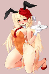 Rule 34 | 1girl, animal ears, bare legs, bare shoulders, between breasts, bird wings, blonde hair, blush, breasts, rabbit ears, rabbit tail, detached collar, egg, fake animal ears, full body, gloves, highres, holding, kneeling, large breasts, leotard, looking at viewer, multicolored hair, nama shirasu, niwatari kutaka, nose blush, orange leotard, playboy bunny, red eyes, red footwear, red hair, red neckwear, shoes, simple background, smile, solo, sweat, tail, touhou, tray, two-tone hair, white gloves, wings, wrist cuffs