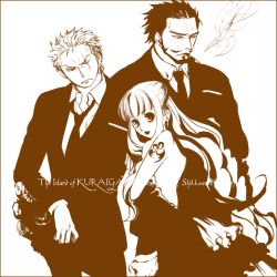 Rule 34 | 1girl, 2boys, dracule mihawk, dress, facial hair, formal, frown, jewelry, kuraigana island, long hair, looking at viewer, lowres, monochrome, multiple boys, necktie, one piece, perona, r (a32a56), roronoa zoro, scar, simple background, smoke, smoking, suit, sword, tattoo, very long hair, weapon