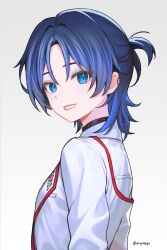 Rule 34 | 1girl, arifuseyo, black choker, blue eyes, blue hair, choker, ear piercing, highres, hiodoshi ao, hololive, hololive dev is, looking at viewer, mole, mole under mouth, parted bangs, piercing, shirt, short hair, smile, teeth, upper body, virtual youtuber, white background, white shirt