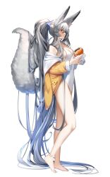 Rule 34 | 1girl, absurdly long hair, animal ear fluff, animal ears, bare shoulders, commentary request, dolphin hair ornament, food, fox ears, fox girl, fox tail, full body, grey hair, hair between eyes, highres, holding, holding food, jacket, long hair, long sleeves, off shoulder, one-piece swimsuit, open clothes, open jacket, original, ponytail, profile, puffy long sleeves, puffy sleeves, red eyes, simple background, solo, standing, swimsuit, tail, very long hair, white background, white one-piece swimsuit, yellow jacket, yuuji (yukimimi)