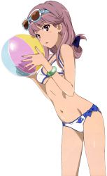 Rule 34 | 1girl, ball, bikini, breasts, cleavage, extraction, eyewear on head, highres, holding, holding ball, looking at viewer, meigo arisa, navel, purple hair, small breasts, solo, sunglasses, swimsuit, toaru majutsu no index, toaru majutsu no index: endymion no kiseki, transparent background, underboob, vector trace