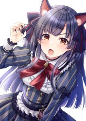 Rule 34 | 1girl, :o, animal ears, black hair, blunt bangs, blush, bow, bowtie, breasts, brown eyes, cat ears, cat girl, choker, dress, fang, fingernails, frills, gao, hair bow, hair ornament, highres, hiiragi kei, idolmaster, idolmaster shiny colors, long fingernails, long hair, long sleeves, looking at viewer, mayuzumi fuyuko, medium breasts, nail, nail polish, open mouth, red bow, red bowtie, sharp fingernails, sidelocks, simple background, skirt, solo, two side up, white background