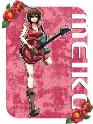 Rule 34 | 1girl, asaki (pixiv32096), bad id, bad pixiv id, boots, breasts, brown eyes, brown hair, cleavage, female focus, flower, full body, guitar, holding guitar, holding instrument, instrument, large breasts, meiko (vocaloid), short hair, smile, solo, vocaloid