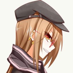 Rule 34 | 1girl, brown hair, glasses, grin, hat, lindoh flores, long hair, looking at viewer, original, portrait, profile, red-eyes macadamiachoco, simple background, smile, solo