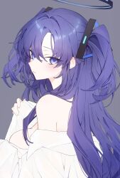 Rule 34 | 1girl, blue archive, blush, breasts, collared shirt, grey background, hair between eyes, halo, highres, hk nnm, large breasts, long hair, looking at viewer, mechanical halo, open mouth, purple eyes, purple hair, shirt, simple background, solo, two side up, upper body, white shirt, yuuka (blue archive)