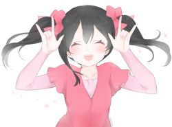 Rule 34 | 10s, 1girl, :d, \m/, ^ ^, artist name, bad id, bad pixiv id, black hair, blush, bow, casual, closed eyes, double \m/, closed eyes, hair bow, long hair, long sleeves, love live!, love live! school idol project, marin (myuy 3), nico nico nii, open mouth, red shirt, shirt, smile, solo, twintails, yazawa nico