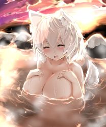Rule 34 | 1girl, animal ears, areola slip, bath, bathing, blush, breasts, cleavage, collarbone, convenient censoring, closed eyes, highres, houkai (collapse illust), in water, inubashiri momiji, large breasts, nude, onsen, open mouth, rock, short hair, silver hair, solo, steam, sun, tail, touhou, twilight, water, wolf ears, wolf tail