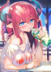 Rule 34 | 10s, 1girl, alternate breast size, bikini, blue eyes, blurry, bottle, depth of field, dragon girl, dragon horns, drinking, elizabeth bathory (fate), elizabeth bathory (fate/extra ccc), fate/extra, fate/extra ccc, fate (series), holding, horns, long hair, looking at viewer, pointy ears, red bikini, red hair, see-through, solo, swimsuit, tonchan, wet, wet clothes