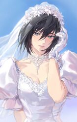 1girl absurdres adjusting_hair alternate_costume arm_behind_back black_eyes black_hair blue_background blush breasts bridal_veil cleavage commentary_request darao_(daradara_suyaaa) dress formal_clothes gloves grin hair_between_eyes highres lips long_hair looking_at_viewer medium_breasts mikasa_ackerman parted_lips pink_lips puffy_short_sleeves puffy_sleeves shingeki_no_kyojin short_sleeves simple_background smile solo twitter_username veil wedding_dress white_dress white_gloves