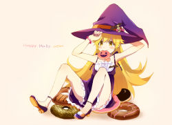 Rule 34 | 1girl, ankle strap, bad id, bad pixiv id, bare shoulders, blonde hair, brown background, cookie, doughnut, dress, flat chest, food, halloween, hat, jack-o&#039;-lantern, keiko (x h2o), koyomi0x0, long hair, monogatari (series), mouth hold, multicolored nails, nail polish, oshino shinobu, purple hat, shoe soles, shoes, simple background, solo, ume (plumblossom), very long hair, witch hat, yellow eyes