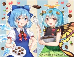 Rule 34 | &gt;:p, 2girls, antennae, aqua hair, bare arms, bare shoulders, black dress, blue background, blue bow, blue dress, blue hair, blush, bow, bowl, bowtie, breasts, butterfly wings, chocolate, cirno, commentary, dress, eternity larva, food, green dress, hair bow, hair ornament, heart, holding, holding bowl, holding plate, ice, ice wings, insect wings, kaoling, leaf, leaf hair ornament, looking at viewer, medium breasts, multicolored clothes, multicolored dress, multiple girls, open mouth, pasties, pastry, plate, puffy short sleeves, puffy sleeves, red bow, red neckwear, short sleeves, sleeveless, sleeveless dress, smile, striped, striped background, tongue, tongue out, touhou, upper body, v-shaped eyebrows, valentine, whisk, wings, yellow background