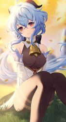 Rule 34 | 1girl, absurdres, ahoge, bare shoulders, bell, black bow, blue hair, blurry, blurry background, blush, bodysuit, bodysuit under clothes, bow, breasts, brown bodysuit, closed mouth, cloud, cloudy sky, detached sleeves, ganyu (genshin impact), genshin impact, goat horns, grass, hair between eyes, hair bow, highres, horns, kinaco 4738, leaf, long hair, long sleeves, looking at viewer, medium breasts, neck bell, outdoors, pink sky, ponytail, purple eyes, sidelocks, sitting, sky, smile, solo, tree, wide sleeves