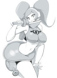 Rule 34 | 1girl, crop top, elbow gloves, energy gun, gloves, headset, high collar, looking at viewer, microphone, midriff, miniskirt, monochrome, navel, open mouth, ray gun, sega, skirt, slugbox, smile, solo, space channel 5, thick thighs, thighs, twintails, ulala, weapon