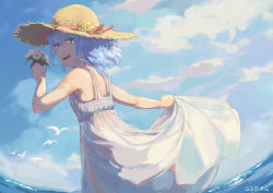 Rule 34 | 1girl, :d, artist name, bird, blue eyes, blue hair, cloud, commentary, day, dress, flower, from behind, gsong-chan, hair down, hat, highres, holding, holding flower, hololive, hoshimachi suisei, looking at viewer, looking back, open mouth, outdoors, short hair, skirt hold, sky, smile, solo, straw hat, sundress, virtual youtuber, water