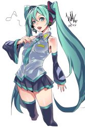 Rule 34 | 1girl, artist name, black skin, black thighhighs, breasts, collared shirt, colored skin, commentary, cowboy shot, cropped legs, dated, detached sleeves, eighth note, green eyes, green hair, green necktie, hair ornament, hand on own chest, hatsune miku, headphones, headset, highres, kuma (jk0073), long hair, looking at viewer, miniskirt, musical note, necktie, open mouth, pleated skirt, shirt, signature, skirt, sleeveless, sleeveless shirt, small breasts, smile, solo, spoken musical note, standing, thighhighs, twintails, very long hair, vocaloid