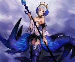 Rule 34 | 1girl, armor, armored dress, bad id, bad pixiv id, blue eyes, boots, breasts, choker, crown, dress, elbow gloves, feathers, gloves, gwendolyn (odin sphere), hat, medium breasts, odin sphere, polearm, roncele, short hair, solo, spear, strapless, strapless dress, thigh boots, thighhighs, weapon, white hair, wings