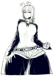 Rule 34 | 1girl, anger vein, angry, antennae, belt, breasts, cape, clenched hand, collar, commentary request, cowboy shot, cropped legs, curvy, eyebrows, gluteal fold, hair between eyes, hand on own thigh, hand on thigh, highres, large breasts, long sleeves, looking down, monochrome, pantyhose, short shorts, shorts, simple background, solo, spacezin, thick thighs, thighs, touhou, white background, wide hips, wriggle nightbug