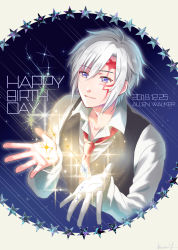 Rule 34 | 1boy, 2018, allen walker, bad id, bad pixiv id, black vest, blue eyes, character name, closed mouth, collarbone, collared shirt, cropped torso, d.gray-man, dated, facial mark, hair between eyes, happy birthday, male focus, necktie, outstretched hand, shirt, silver hair, smile, solo, star (symbol), vest, white background, white shirt, wing collar, yamabuki kanon