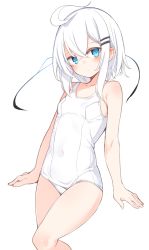 Rule 34 | 1girl, blue eyes, blush, breasts, covered navel, crossed bangs, hair ornament, hairclip, highres, old school swimsuit, one-piece swimsuit, original, otokuyou, ringo-chan (otokuyou), school swimsuit, short hair, small breasts, swimsuit, tail, white background, white hair, white one-piece swimsuit