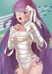 Rule 34 | aircraft, airplane, bandages, breasts, cleavage, fate (series), giant, giantess, kaita (mokamilkcup), kingprotea (fate), medium breasts, open mouth, purple eyes, purple hair, thighs, underboob
