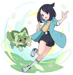 Rule 34 | 1girl, :d, black hair, black shorts, coat, commentary request, cowlick, creatures (company), falling leaves, flower, game freak, grass, green coat, green eyes, hair ornament, hairclip, hands up, happy, highres, index fingers raised, leaf, leg up, liko (pokemon), looking at viewer, nintendo, open clothes, open coat, open mouth, pink flower, pokemon, pokemon (anime), pokemon (creature), pokemon horizons, poyo party, shirt, shoes, shorts, sleeves past elbows, smile, socks, sprigatito, tongue, white footwear, white shirt, white socks, yellow bag