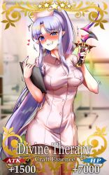 Rule 34 | 1girl, alternate costume, bad id, bad pixiv id, blue eyes, blurry, blurry background, blush, breasts, card (medium), clipboard, commentary request, craft essence (fate), dress, fang, fate/grand order, fate (series), foxyreine, grin, hat, heart, highres, holding, holding clipboard, holding knife, hospital, knife, long hair, looking at viewer, medea (lily) (fate), medium breasts, nail polish, nurse, nurse cap, pantyhose, parody, pink dress, pointy ears, ponytail, purple hair, purple nails, rulebreaker, short dress, smile, solo, very long hair