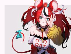 Rule 34 | 1girl, :3, absurdres, animal, animal ears, animal on head, asymmetrical sleeves, bare shoulders, black collar, black hair, blue eyes, border, breasts, closed mouth, collar, detached sleeves, finger to eye, gjz1227, grey background, hair between eyes, hakos baelz, hakos baelz (1st costume), hand up, hashtag-only commentary, highres, hololive, hololive english, large breasts, long hair, long sleeves, looking at viewer, midriff, mismatched sleeves, mouse ears, mouse girl, mouse tail, mr. squeaks (hakos baelz), multicolored hair, navel, on head, puffy long sleeves, puffy sleeves, red hair, shirt, simple background, smile, solo, spiked collar, spikes, strapless, strapless shirt, streaked hair, tail, twintails, uneven twintails, upper body, virtual youtuber, white background, white border, white hair, white shirt