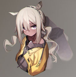Rule 34 | 1girl, absurdres, animal ears, arknights, beudelb, black shirt, commentary, cropped torso, dark-skinned female, dark skin, grey background, grey hair, highres, jacket, korean commentary, long hair, looking at viewer, mask, mask around neck, open clothes, open jacket, purple eyes, shirt, simple background, solo, tuye (arknights), twintails, upper body, yellow jacket, zebra ears