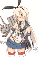 Rule 34 | 1girl, black hairband, black neckerchief, black panties, blonde hair, blue sailor collar, blue skirt, cowboy shot, crop top, elbow gloves, gloves, grey eyes, hairband, highleg, highleg panties, highres, kantai collection, long hair, looking at viewer, machinery, microskirt, miniskirt, neckerchief, panties, pleated skirt, po0000000000, rensouhou-chan, sailor collar, shimakaze (kancolle), shirt, simple background, skirt, sleeveless, sleeveless shirt, solo, striped clothes, striped thighhighs, thighhighs, torpedo launcher, underwear, white background, white gloves