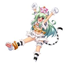 Rule 34 | 1girl, animal ears, animal hands, anklet, arms up, cat ears, chain, crop top, earrings, elephant, fang, full body, gloves, green hair, highres, jewelry, koihime musou, kuwada yuuki, long hair, midriff, moukaku, open mouth, paw gloves, paw shoes, red eyes, shoes, skirt, smile, solo, tail, transparent background