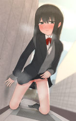 Rule 34 | 1girl, absurdres, alley, bar censor, black eyes, black hair, blush, censored, clothes lift, drain (object), gutter, highres, j52922183, kneeling, lifting own clothes, no panties, original, outdoors, peeing, pussy, school uniform, skirt, skirt lift, solo