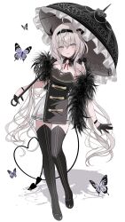 Rule 34 | 1girl, ahoge, black bow, black footwear, black gloves, black hairband, black thighhighs, black umbrella, blush, bow, breasts, bug, butterfly, chiemo (xcem), commentary request, demon tail, detached collar, dress, feather boa, frilled umbrella, frills, full body, gloves, grey hair, hair bow, hairband, half gloves, highres, holding, holding umbrella, insect, leaning to the side, long hair, looking at viewer, medium breasts, open mouth, original, parasol, pigeon-toed, purple hair, shadow, shoes, simple background, smile, solo, standing, strapless, strapless dress, tail, thighhighs, umbrella, very long hair, white background