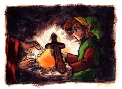 Rule 34 | 2boys, belt, black belt, border, brown hair, brown shirt, campfire, faux traditional media, from side, green hat, green tunic, hat, highres, link, long sleeves, male focus, multiple boys, nintendo, old man (zelda), parted lips, pointy ears, shirt, short hair, signature, solo, sword, the legend of zelda, the legend of zelda (nes), weapon, white border, wide sleeves, wooden sword, yasmeen