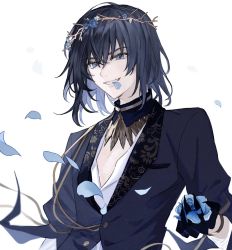 Rule 34 | 1boy, black gloves, black hair, black jacket, blue flower, blue rose, bracelet, fate/grand order, fate (series), flower, gloves, highres, holding, jacket, jewelry, looking at viewer, male focus, medium hair, no wings, oberon (fate), oberon (overnight dream) (fate), official alternate costume, petals, ringo 2000, rose, shirt, simple background, smile, solo, spoilers, teeth, white background, white shirt, wreath